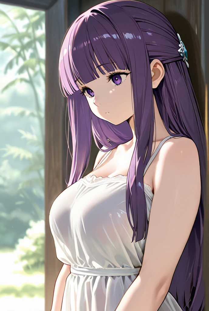 (8k, RAW photos, top quality, masterpiece: 1.2), (realistic, photorealistic: 1.37), (High Quality), (Ultra realistic), (High Details), (Face detail), (Shadow Detail), (big breast), (17yo), Looking at viewers, 1 girl, solo, Green eyes, White eyebrows, Purple hair, long hair, Pink Lips, Extreamly Face Detailed, (Wide Hips), White Towel, Body Towel Wrap, smile, Fern