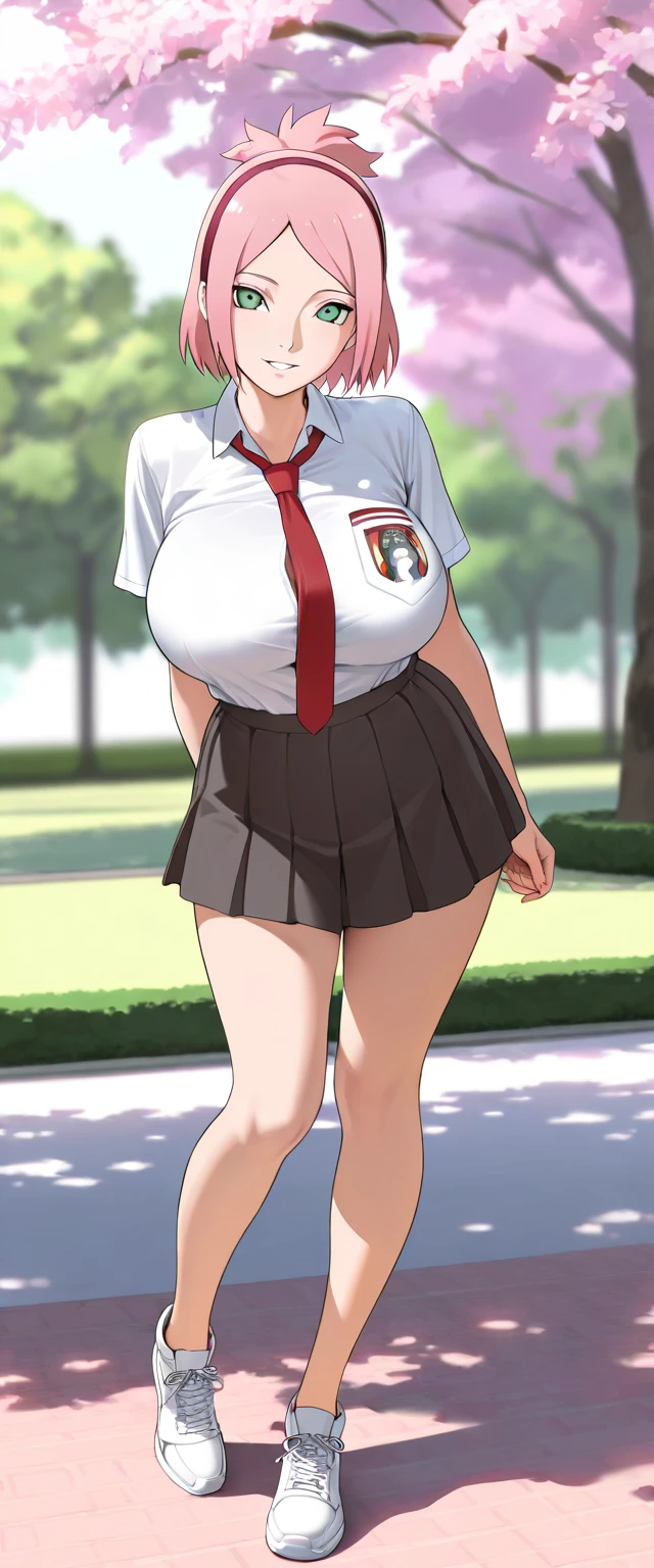 A sexy tall girl with big breasts, black hair that reaches the middle of her back, her brown eyes, dresses collegiately, a white shirt with a knot, unbuttoned, shows her navel, she is wearing a red skirt, wearing a net between long socks and brown tennis shoes, holding her hand, gloves, black steel