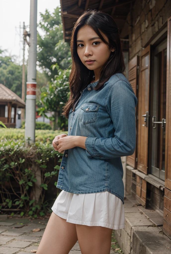 Ayu, the Indonesian woman with straight or slightly wavy dark brown hair, medium-sized expressive dark brown eyes, smooth tan or light brown skin, a moderately tall and slender figure, an oval or slightly round face, a nose that is not too prominent, and a friendly smile with neat teeth, is currently a student at a vocational high school (SMK). She is dressed in a typical Indonesian , consisting of a white blouse and a knee-length navy blue skirt, as she actively participates in school activities.