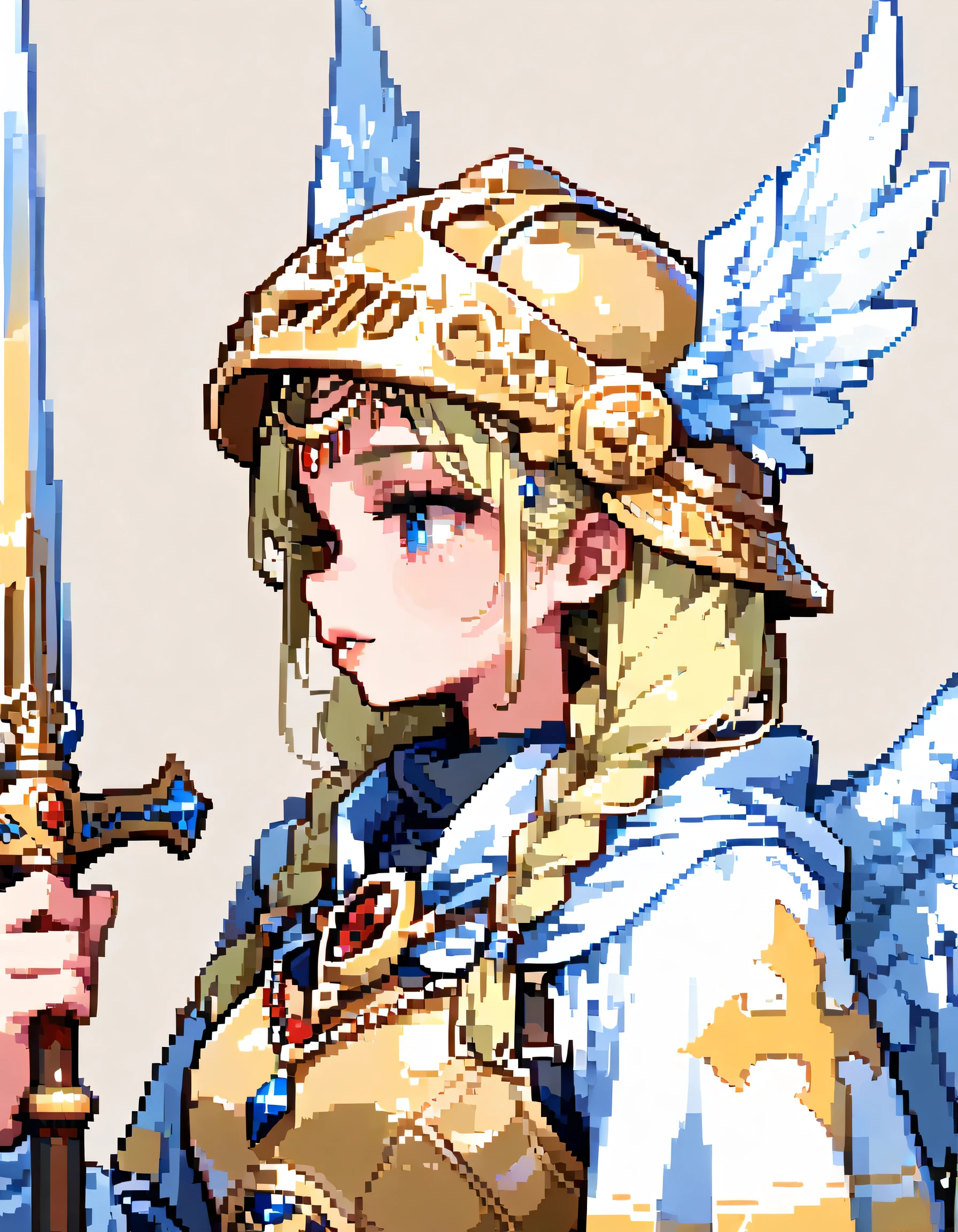 solo,(upperbody),portrait+,profile,vblonde single braids,natural cosmetic,adult female,full lips,Valkyrie helmet and armor,Absolute territory,Official art,Angel wings,Holding a holy sword in one hand,Holy sword is the main focus,full color,soft lineart,flat color background,minecraft style,(pixel art style),