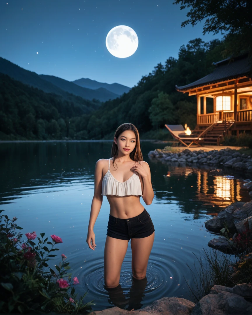 (ultra-realistic realism)(illustratio)(A high resolution)(8K)(extremy detailed)(Most Best Illustration)(beatiful detailed eyes)(best qualtiy)(hyper-detailing)(tmasterpiece)(the wallpaper)(Detail face),solo，1个Giant Breast Girl，Clown Girl，Crop topping ，(Tong) ，White middle boots，long leges，Abs，(medium boob: 1.5)  ，perspired，(Pussy contour)，squatting on the ground，leg wide open，（The lens is from bottom to top），Elevation viewing angle，Bright big moon，Water's Edge，Water reflects the body