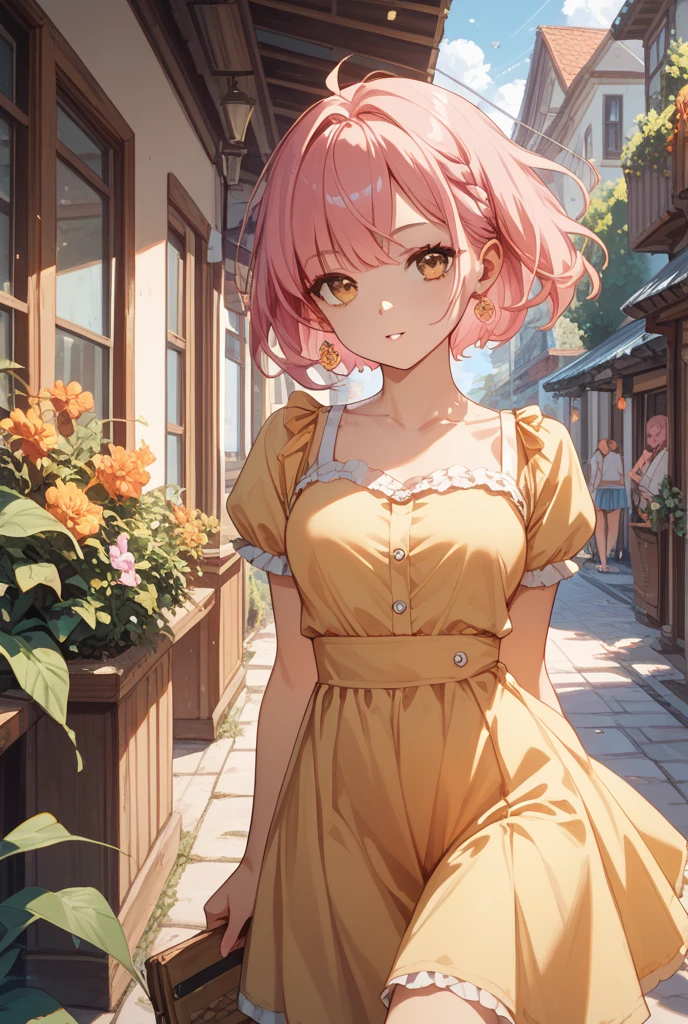 18 year old beautiful girl, masterpiece, best quality, 8K animation, detailed fingers, precise fingers, not unnatural hands, illustration, 1 girl, solo, pink bob cut, gold crown, flower hair ornament, sagging eyes, red mini skirt, YUI