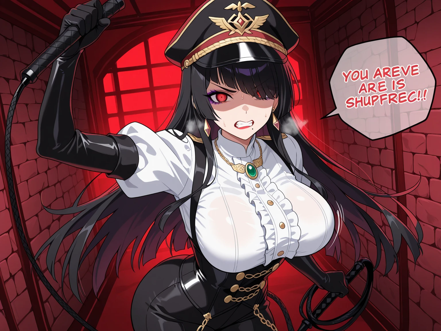 m((Masterpiece, Best Quality)), (1girl), (独奏), (female focus), Female officer of the Gothic army, Black leather German uniform, in an army leather hat, Strong make-up, large breasts, Tall woman, black hair, red eyes, Horns, deep-shadows, constricted pupils, blank eyes, yandere, Smile at the corner of your mouth