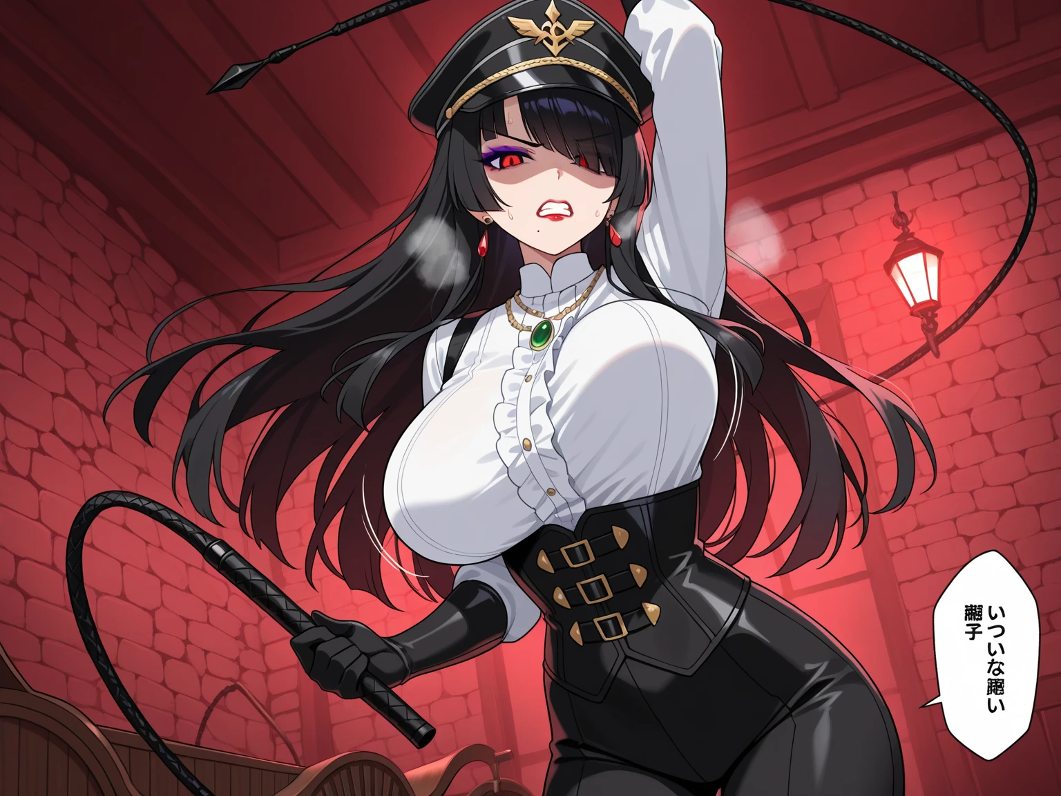 ((masterpiece, best quality)), (1girl), (solo), (female focus), female goth army officer, black leather german uniform, wearing army leather hat, strong makeup, large breasts, tall woman, black eyes, constricted pupils, empty eyes, sadistic expression, yandere, female death appearance, black hair, dynamic angle, ultra detailed, 8k resolution, depth of field, sharp focus,  SFV, deep shadows, red background