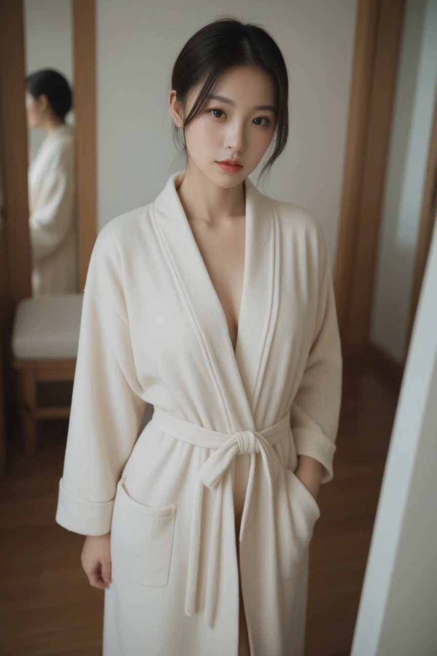((Highest quality))、((masterpiece))、(detailed)、woman、Japanese、若いwoman、((Wearing a white bathrobe))、Hotel Rooms、short hair、Bob Hair、Black Hair、G-cup breasts、Spread your legs a little、((Spread your legs a little to feel more free))、((Caressing the crotch))、((Clitoris feels good))、((Blushing and sweating))((On the bed))、((After good sex))、((Satisfied))、((I was a little tired))、((Calm expression))、((Ecstatic expression))、A moment of bliss、、(Wet Hair)、