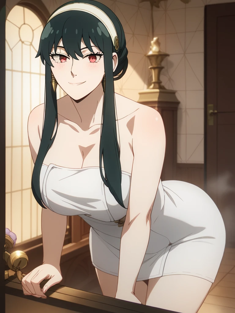 best quality, masterpiece, full body, busujima saeko, curls, towel, bathroom, shower,highschoolofthedead, serious, big breasts, CENSOR TOWEL, sfw