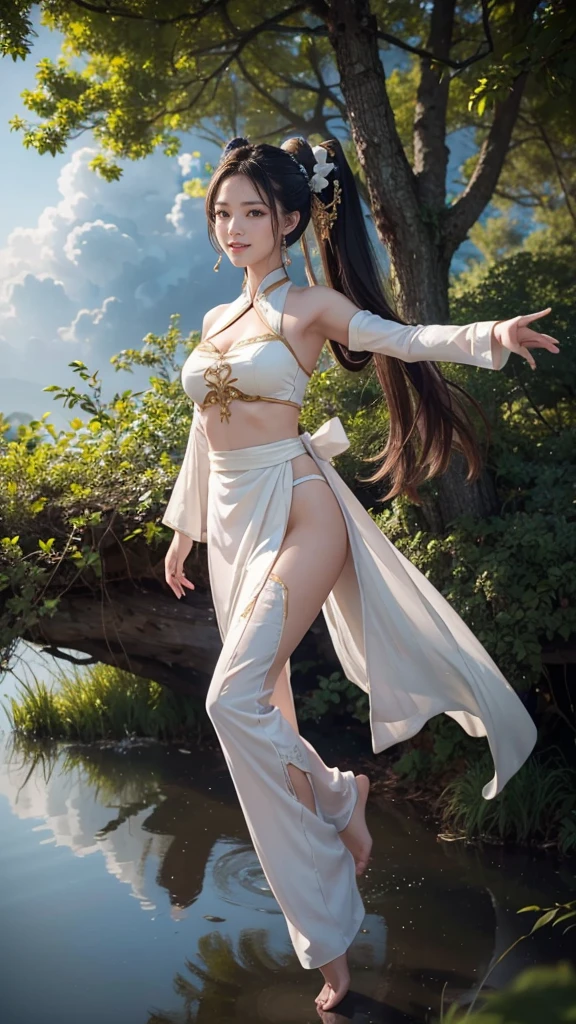 Super beautiful Chinese woman in white fairy dress, perfect body, bare shoulders, bare breasts, bare belly, bare legs, transparent, drenched, charming figure,
