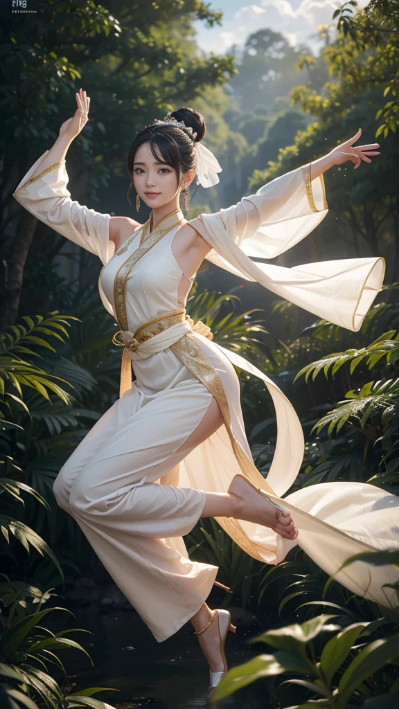 。Fantasy immortal cultivation novel, The girl holding the divine water fish looks exquisite, Expressions contain emotion, Chinese gold elements, colours, Translucent, Immortal clothing, Forehead wrinkles, White color hair，And there are Chinese beauties in appearance, Huge breasts, Fairy-like, Sensual and alluring, big assa，Long legs，Ancient martial arts live-action CG animation sketch, Long hair, Waist-length skin, Oily and high resolution，Thick thighs，Chinese Wonderland Background 8K Ultra HD Ultra Detailed, High quality textures, intricately details, detaileds, Very detailed CG, High quality shadows, Detail Beautiful delicate face, Detail Beautiful delicate eyes, depth of fields, Ray traching, in her 20s,Mirror fairy in hand，White mist，Golden light，White mist，
