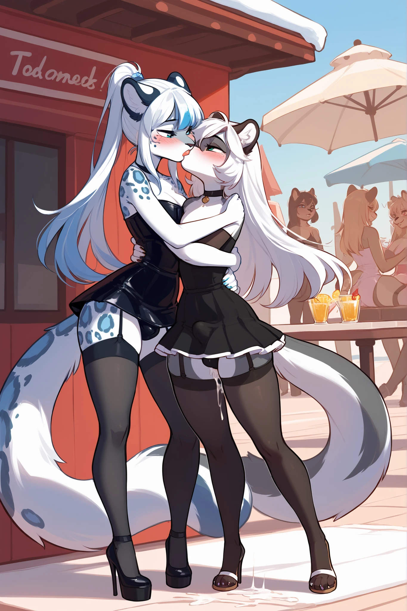 Girl with 3 Heads, Furry Wolf girl, Black fur, yellow eyes, Black sclera, white hair, wet white lace swimsuit, big breasts, big ass, blushes, ashamed, excited, horny Perverted face, thicc, sexy hot, hight details, busty, fangs, in the pool,