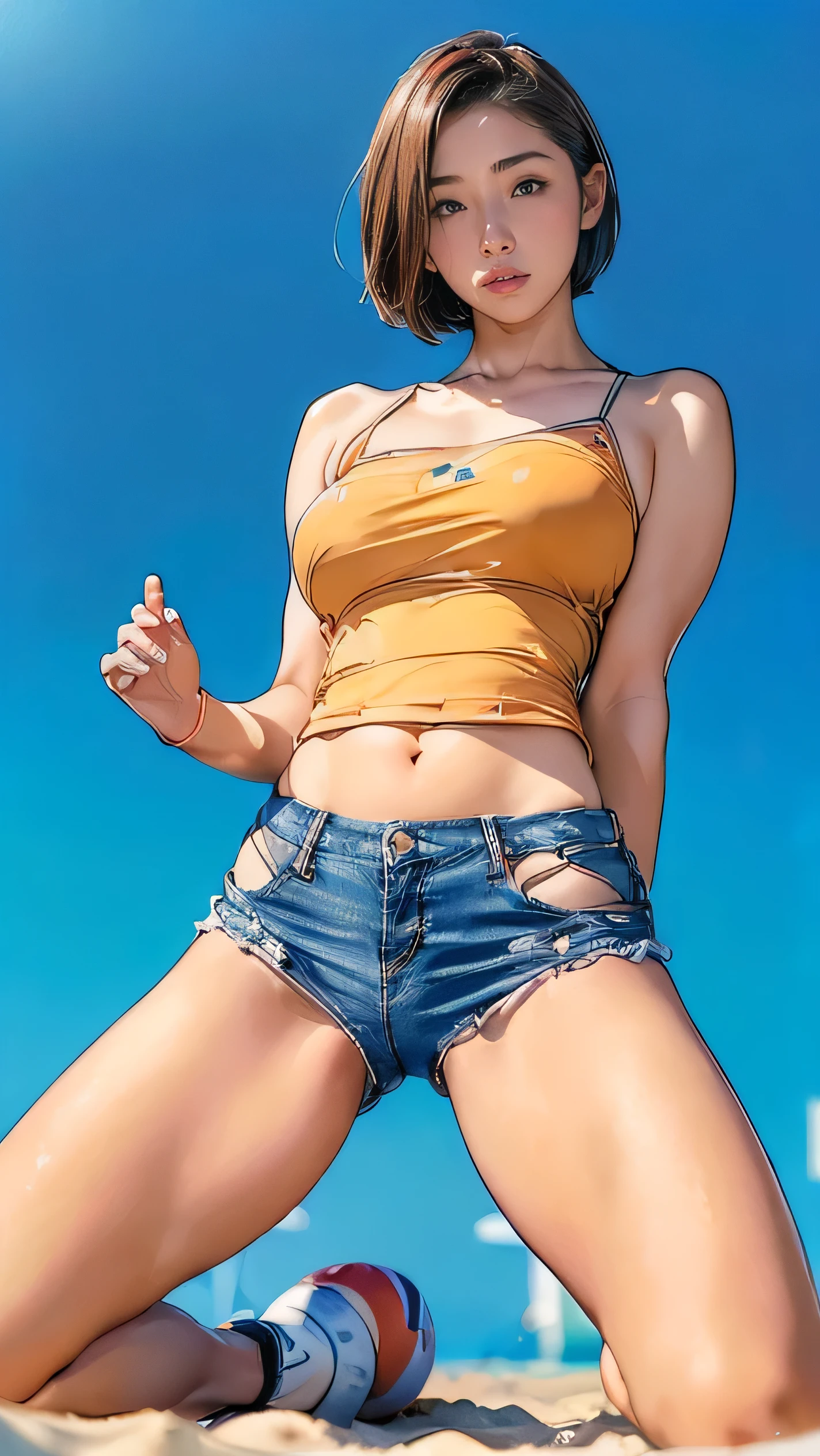expression of closed eyes, ojos cerrados a happy expression., large and firm breasts, short blonde hair. happy expression