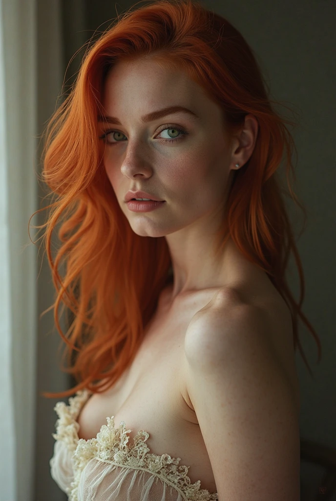 Une femme rousse sexy pose nue avec une confiance et une grâce qui captivent immédiatement l’attention. Her flaming red hair, long and slightly wavy, encadrent son visage délicat et tombent en cascade sur ses épaules, contrasting beautifully with the softness of her skin. Their coppery shine captures the ambient light, ajoutant une touche de chaleur et d'intensité à son allure. Son corps est sculptural, with harmonious curves, both feminine and elegant. Sa posture est soigneusement choisie pour mettre en valeur chaque ligne et chaque contour de sa silhouette. Peut-être est-elle debout, une main posée délicatement sur sa hanche, the other subtly hiding part of her chest, or sitting with legs bent, creating a play of light and shadow on his skin. Son expression est à la fois douce et intense, Her eyes, bright green or deep blue, fixant l’objectif avec une assurance tranquille. His bewitching gaze, associated with a slight mysterious smile, adds a captivating dimension to his pose. Her lips, full and natural, complete this expression of femininity and seduction.