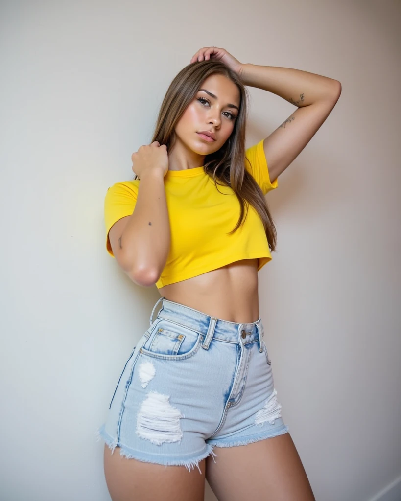 18, year old surreal latina girl, big eyes, baby face, with freckles,tan skin, Instagram Snapchat Underwear Curves in Influencer Mode, culona, hyper realisitc, at school, very Sexy look, provocation, hands on hips, Tanga Short 4k, bra, and very short jeans, hot bedroom, not shirt, not shoes