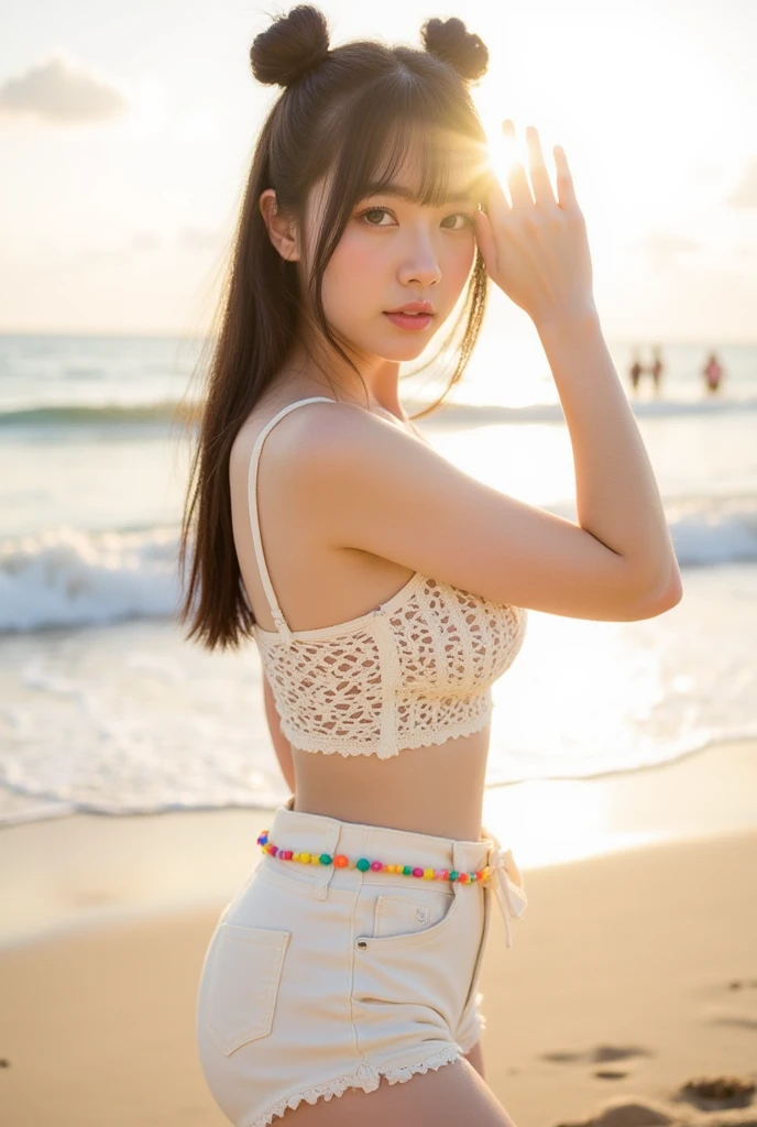 masterpiece,Highest quality,1 girl,Cowboy Shot,Front view,Young and cute Japanese,A small smile,((Shade of palm trees on a tropical beach:1.5)),((Stylish and sexy white tank top:1.5)),wear,((Ultra short micro denim mini skirt:1.5)),wear,No underwear,Very cute face,Baby Face,Glossy Lips,Big brown eyes,Double eyelids on both eyes,(Natural Makeup),Fluttering in the wind,Glossy and smooth((Light brown long hair:1.5)),Asymmetrical bangs,Center image,8k resolution,Attention to detail,Detailed hairstyle,Detailed face,Cinema Lighting,Octane Rendering,Ultra-realistic,Perfect limbs,Beautiful legs,Voluptuous thighs,Huge breasts,(Glowing Skin,Sweaty:1.3)Perfect Anatomy,Spread your legs,((Provocative dynamic pose:1.5)),Skirt flip(no panties:1.5),nsfw,(spread pussy:1.5)