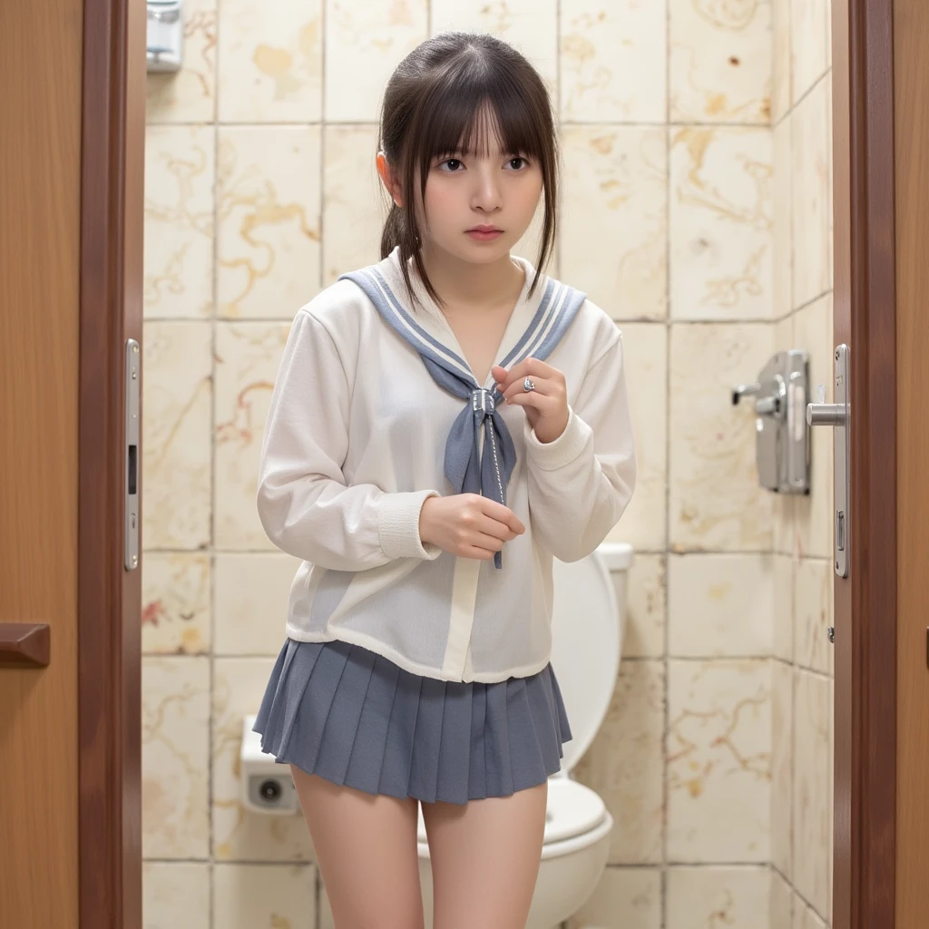 (masterpiece, highest quality, 8K), (live-action),pretty Russian nude girl with light blue eyes spreading own legs completely with right blonde short hair, vagina, screaming, raising own arms, hands are bound with rope, opening her labia majora, dildo is inserted in her ass, Wearing a sailor uniform on own shoulder, on the toilet bowl, square face, big boob, taking a shower, soaking wet