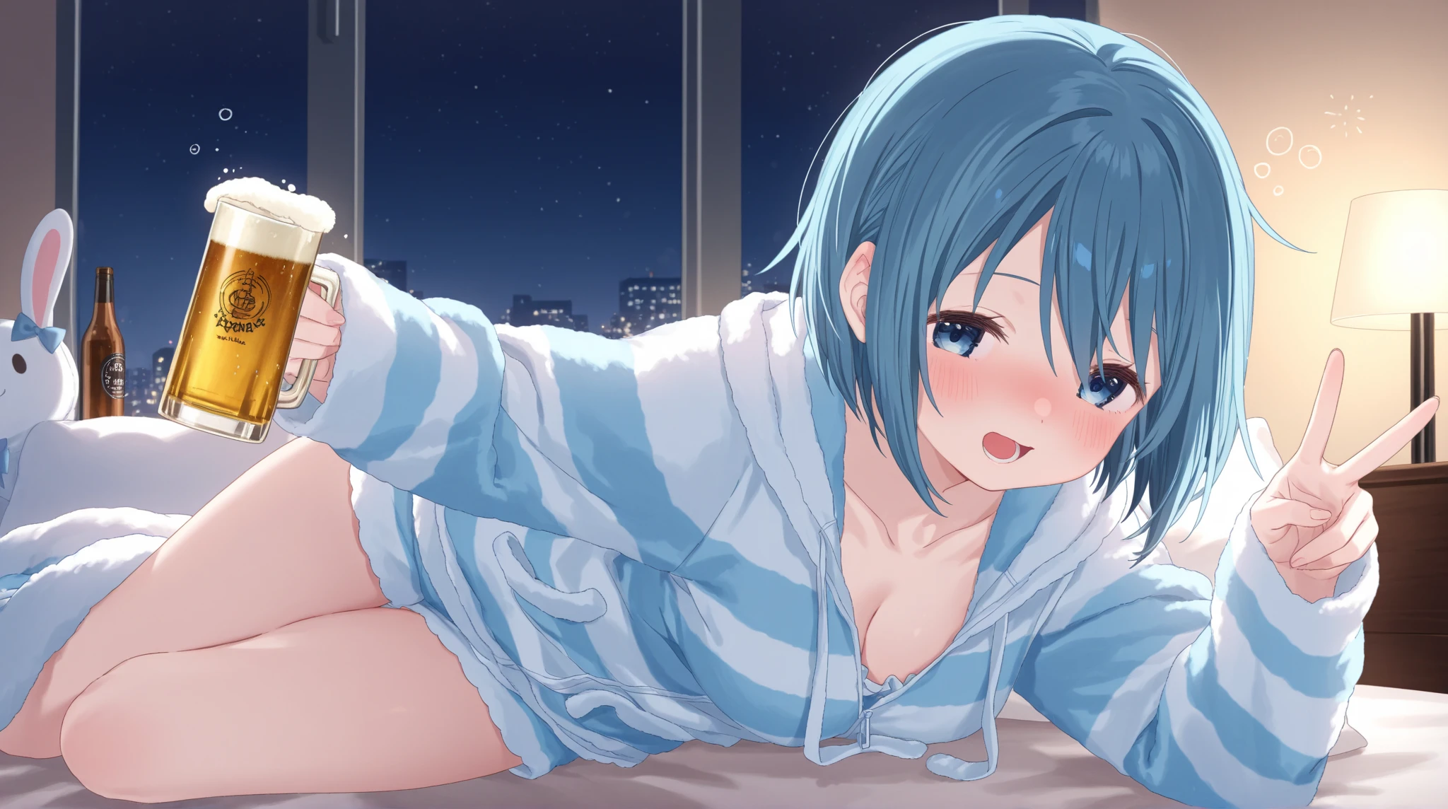 Second Dimension、Cool girl、sister、smile、Long Hair、Light blue hair、Green Eyes、Open your mouth、Red cheeks、bed、On all fours、Place your hands on the floor、From below、Chubby、clavicle、shoulder、milk、Pink hoodie、Large waist circumference、Thick thighs、Black shorts、Light blue hair、Dark Room、window、night
