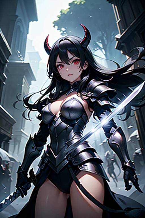 Girl,pointy ears,red eyes,dressed in armor,vampire,4k,black hair