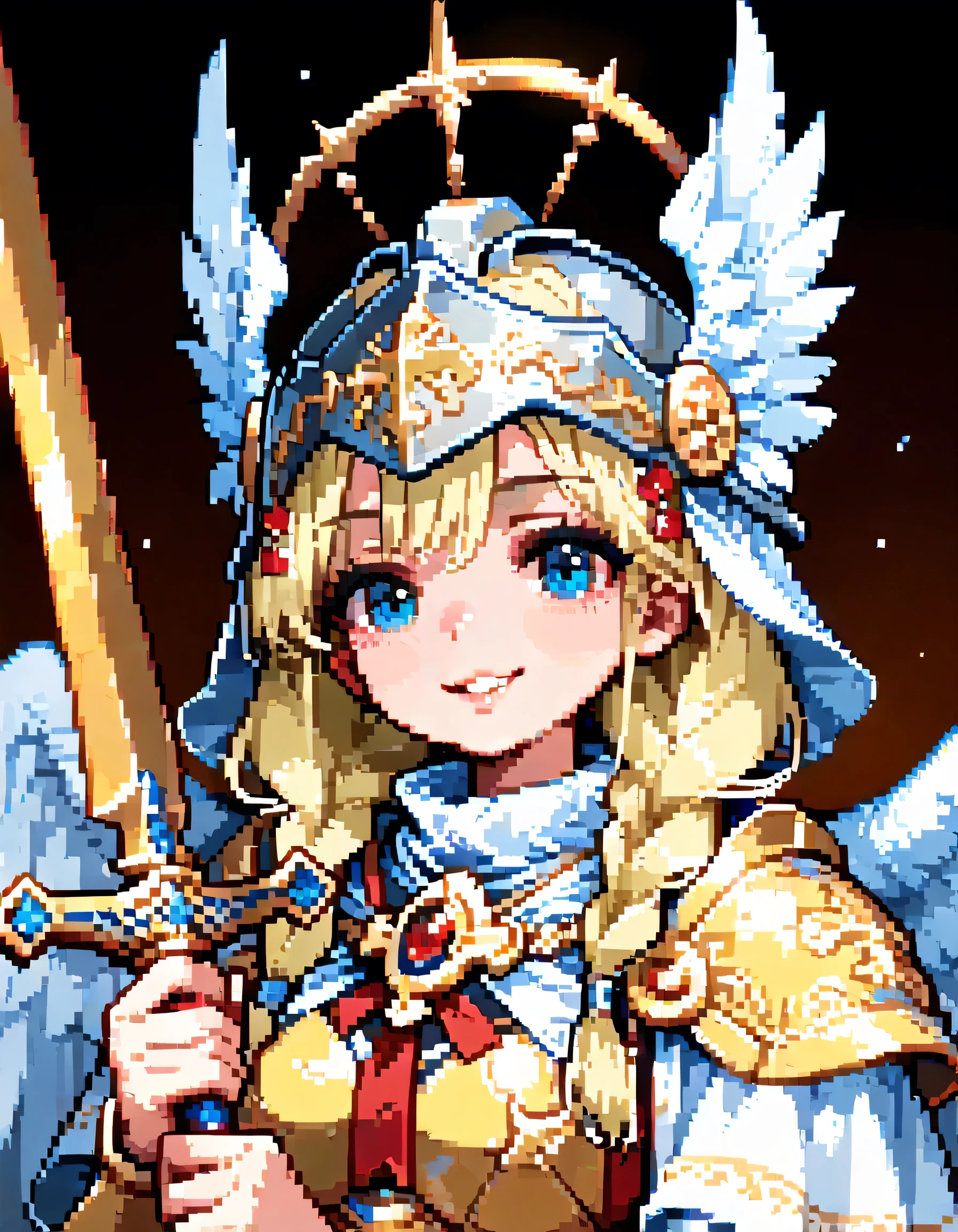 solo,(upperbody),portrait+,smile,vblonde single braids,natural cosmetic,adult female,full lips,Valkyrie helmet and armor,Absolute territory,Official art,Angel wings,Holding a holy sword in one hand,Holy sword is the main focus,full color,soft lineart,flat color background,minecraft style,(pixel art style),