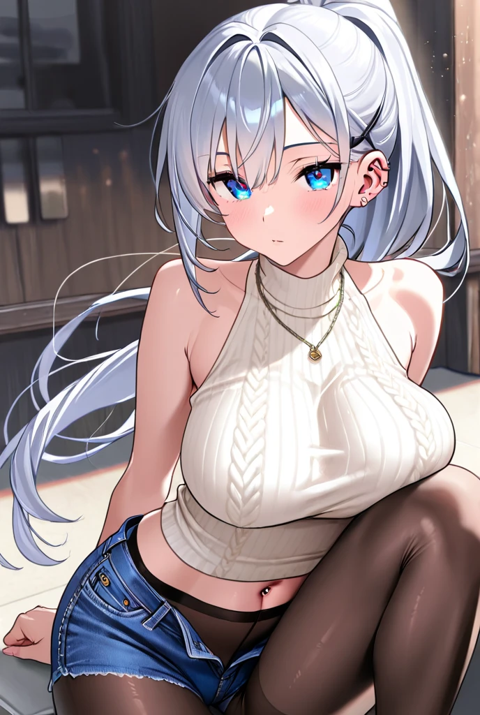 Score_9, Score_8_up, source_anime, BREAK solo, 1girl, cowboy shot, looking at viewer,
Reinamurasame, queen murasame, long hair, blue eyes, gray hair, hair between eyes,
ponytail, stuffed animal, stuffed animal, teddy bear,
backwards, sunglasses, glasses on head, crop top, blue jacket, pink sarong, short sleeves, zipper, turtleneck, jacket with collar, huge breasts, smile, lying down, beach chair, arms up, from above, thighs,
ocean, beach, waves, sand, sunlight, sun, blue sky,