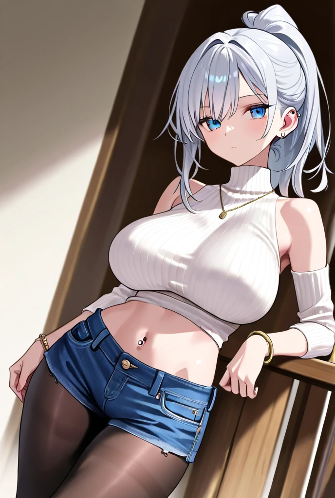 ((Bea pokemon)), (masterpiece:1.2, best quality), realistic, (real picture, intricate details, depth of field), ((1girl:1.2)), parted lips, highly-detailed, gorgeous perfect face, (skindentation), tanned skin, average waist, tall, ((short white hairs)), beautiful grey eyes, looking at viewer, tired smile, toned body, large breasts, thicc, retail worker, ((bedroom)), ((blue shirt:1.3)), buttoned top, blue polo, black jeans, loose top, inside, undressing, shirt lift, ((underboob:1.2)), pulling up shirt, midriff 