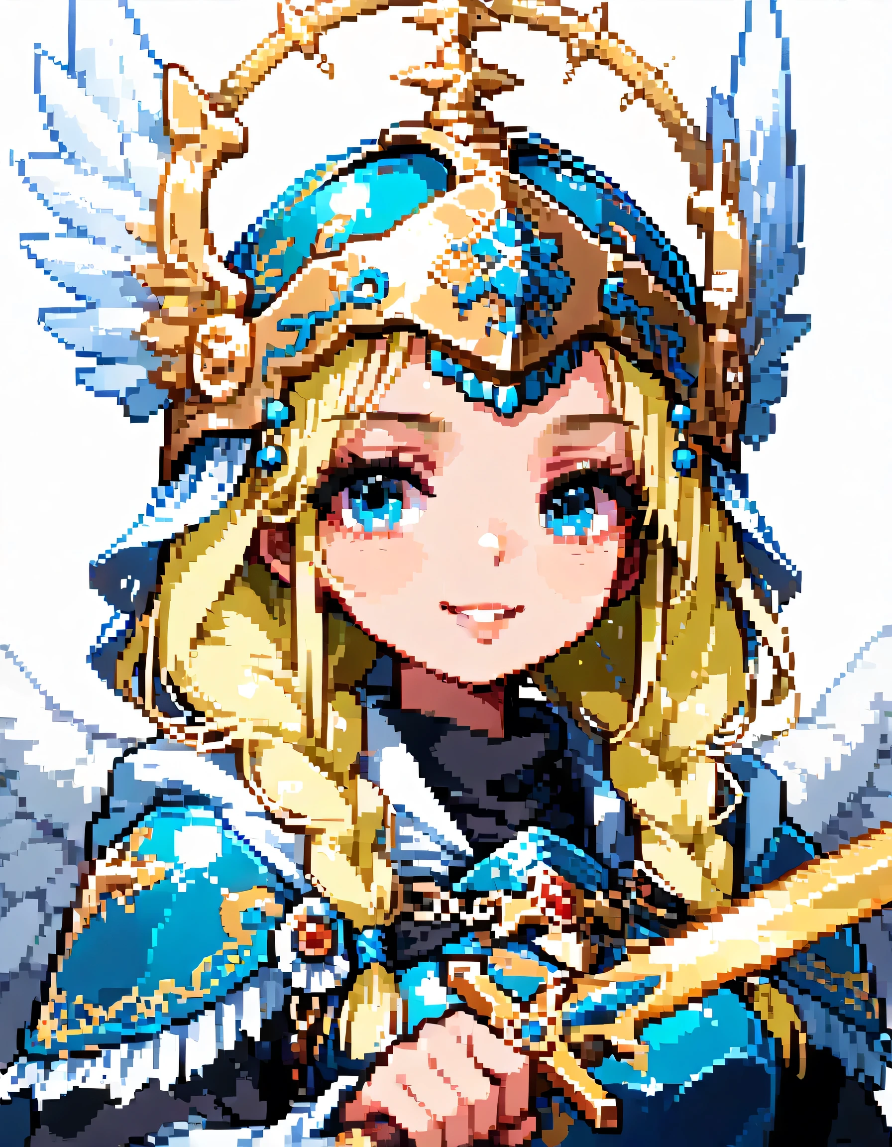 solo,(upperbody),portrait+,smile,vblonde single braids,natural cosmetic,adult female,full lips,Valkyrie helmet and armor,Absolute territory,Official art,Angel wings,Holding a holy sword in one hand,Holy sword is the main focus,full color,soft lineart,flat color background,minecraft style,(pixel art style),