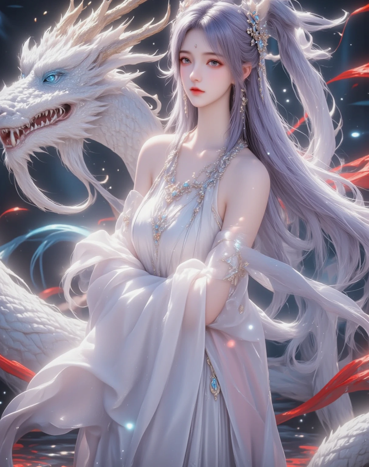 (Masterpiece, Top Quality, Best Quality, Official Art, Beautiful and Aesthetic: 1.2), (Silver female wyrm), Ultra-detailed, Shimmering silver scales, Wings spread wide,Glowing golden eyes, Soaring in the night sky, Full moon in the background, Cinematic lighting, God light, Ray tracing, Neo-classical style, Chiaroscuro, Atmospheric perspective, High resolution, 8k, Super detail, Realistic texture, Superb quality, Award-winning, Stunning, Magnificent, Mythical creature, Majestic, Graceful, Enchanting, Ethereal beauty.
The silver female wy