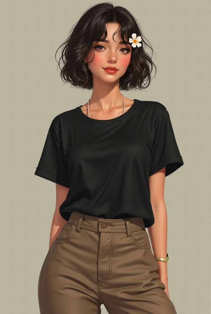 thin lady, culona, White skin, a dark green blouse with white buttons, big legs, small waist, jeans fitted to your figure