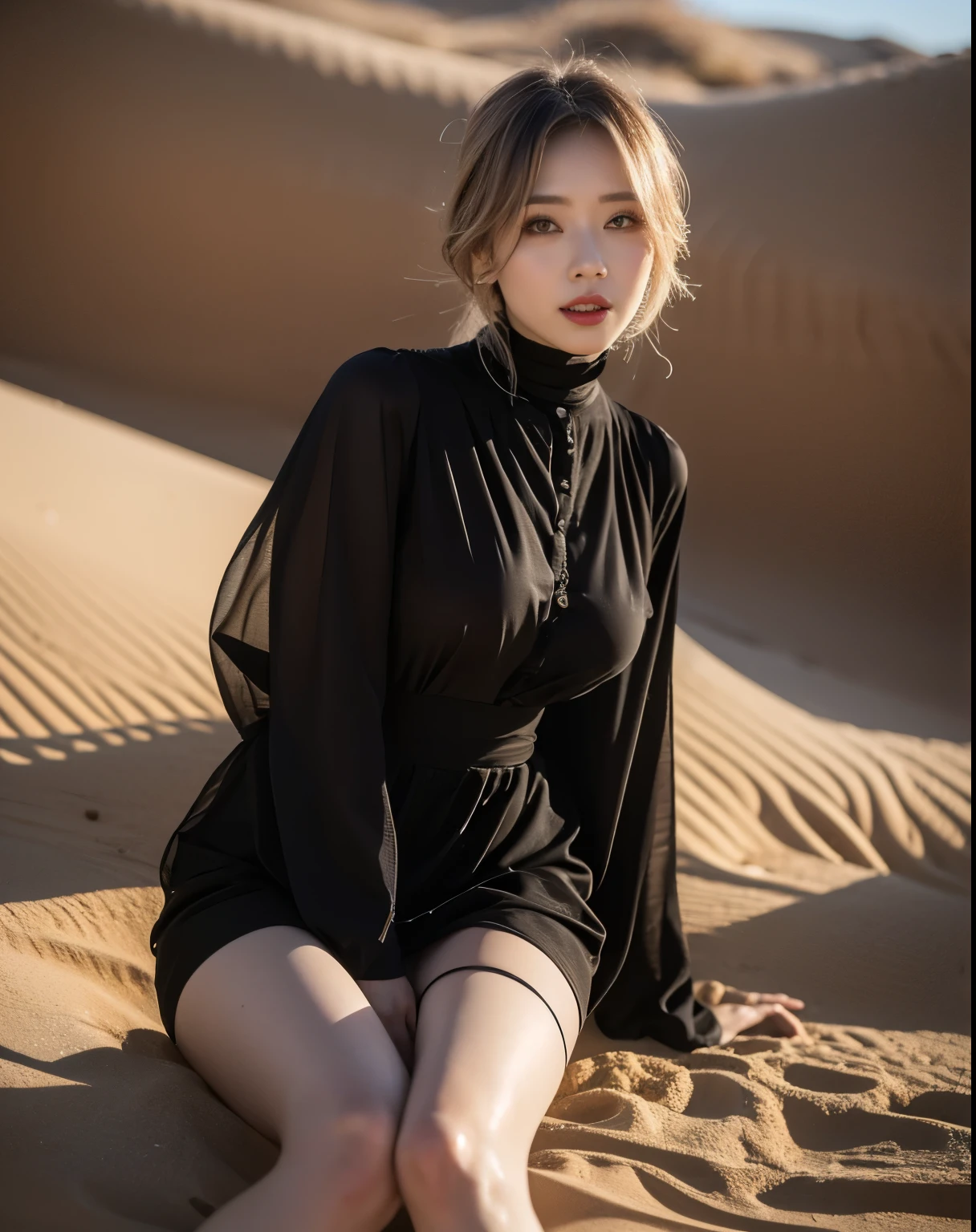 beautiful脚, stockings, ultra details, masterpiece, Highest Quality, beautiful, details, alone, charming smile, Sexy Lips , one girl, Brown Eyes in the Bedroom, Silver Hair, sexy pose, Big Breasts, low hair ring, widens legs, stylish hair , abaya, Beautiful woman sitting in the desert, dessert