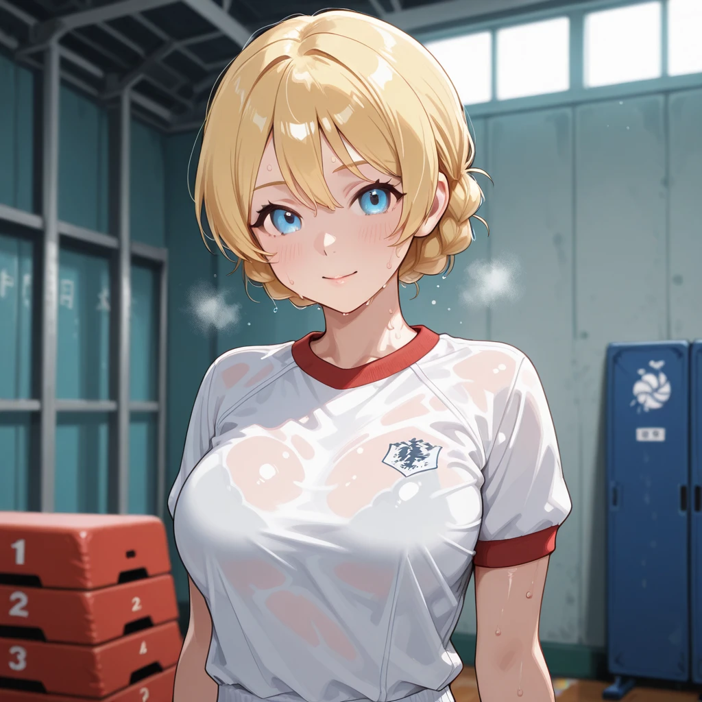 1 girl, short blond hair, blue eyes, big breast, wearing sportswear, showering in locker room, absurdres, high res, ultrasharp, 8K, masterpiece, looking at viewer