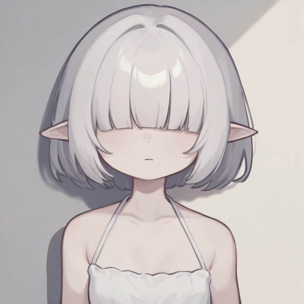 (masterpiece,best quality,ultra-detailed),1girl,upper body, blonde hair , medium hair, smile ,closed mouth,wave hair, hair over eyes,pale skin, pointy ears, naked,in a ancient temple,night,