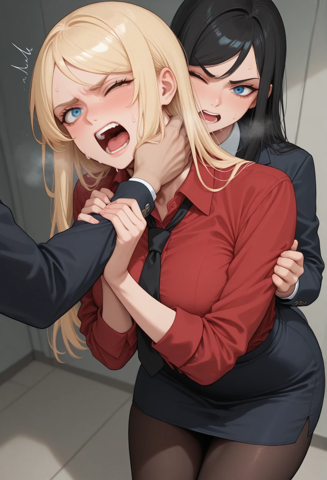 (Highest quality, High resolution), ((Two people)), ((makimacm44 gives fellatio to powercasual:1.4)), girl, (bukkake:1.4), futanari, fellatio, (Power, powercasual, cross-shaped pupils, blonde long hair, red shirt, long sleeves, denim shorts), (makimacm44, ringed yellow eyes, red long hair, bangs, white shirt, sidelocks, black pants, braided ponytail, black necktie)
