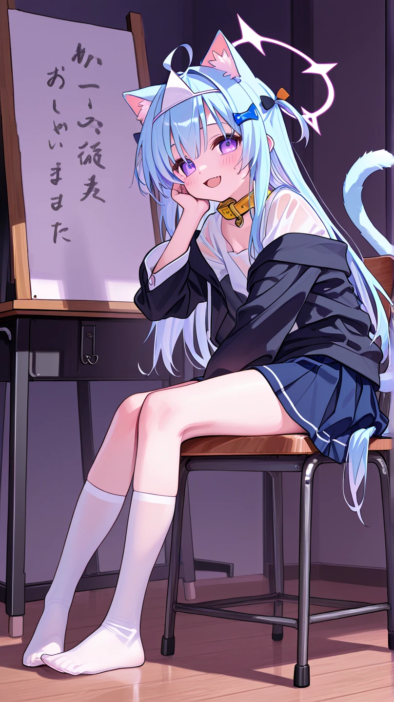 A young woman, 18 years old, with long purple hair, wearing a sailor uniform, sitting in a classroom (School 1.5 in the background) (Serious expression, Cold 1.5) (highest quality: 1.1) (masterpiece: 1.3) with an unparalleled masterpiece, Surreal 8K, Perfect artwork, Super detailed, highest quality, masterpiece 4K wallpaper aesthetics, masterpiece, Award-winning works, Official Art, Cinema Lighting