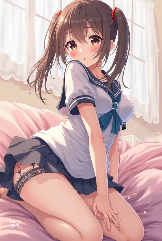 (masterpiece, best quality:1.2), 1girl, solo, scenery, illustration, looking at viewer, school, depth of filed, light on face, portrait, brown hair,
 (white panties:1.5), (spread legs, open legs, knee up:1.3), naval, groin, perineum, leaning back, body tilt, open mouth, blush, embarrassed, small breasts, arms behind back, cowboy shot, dutch angle, 