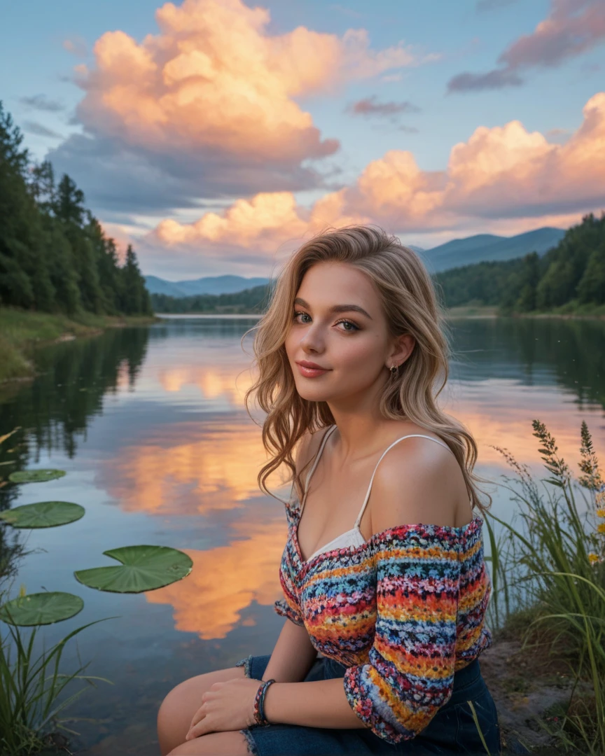 Female supermodel stands beside the lake Sandvinvatnet in the Norwegian town Odda. She wears a flowery, summer dress. Sunrise orange glow as lighting.