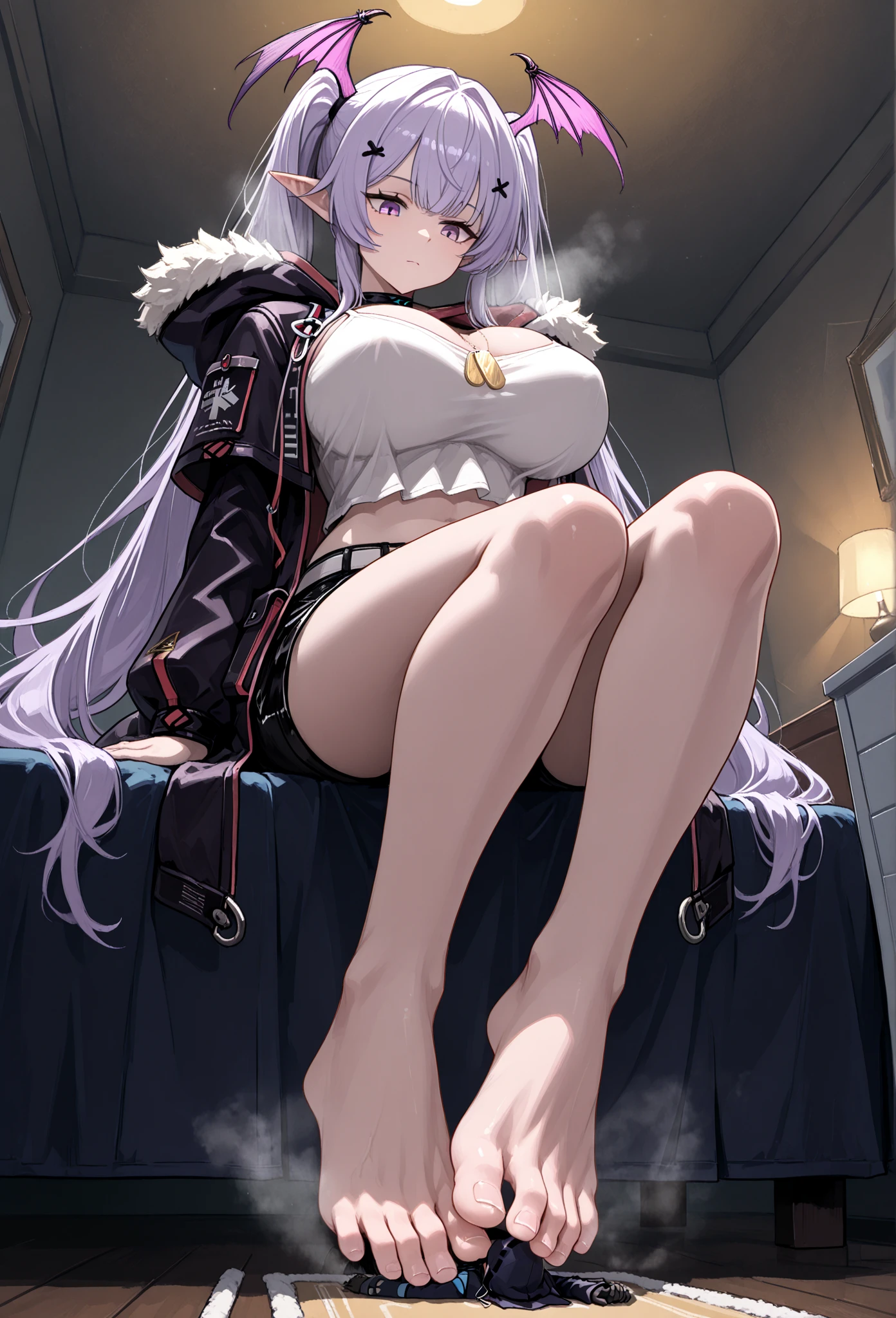 16K,typhon \(arknights\), 1girl, long hair, very long hair, purple hair, sidelocks, drill hair, twin drills, red eyes), black hairband, horns, open parker,white parker ,比基尼,blush,(((big breast))),arm up,((armpit focus)),Plump Armpits,Thick armpits,Drawn armpits,Armpit sweat,shiny skin,(((thick thighs)))