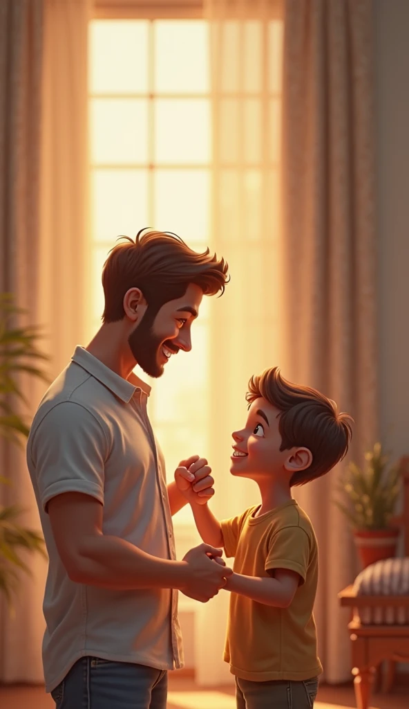 Scene 7: The boy understands and agrees
The boy smiles brightly and nods his head, showing that he understands the importance of gratitude. He looks at his father with admiration and says, "You’re right, Dad, thank Allah!" The room's lighting adds a warm, comforting glow, emphasizing the loving bond between father and son.