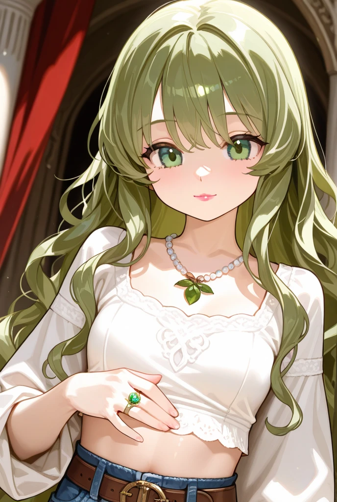 High quality, smooth quality, HQ 4k Ultra, a beautiful princess with long light apricot hair, purple eyes, sly smile, sly, wearing a black and green dress, in a dark garden with a full moon in the night sky