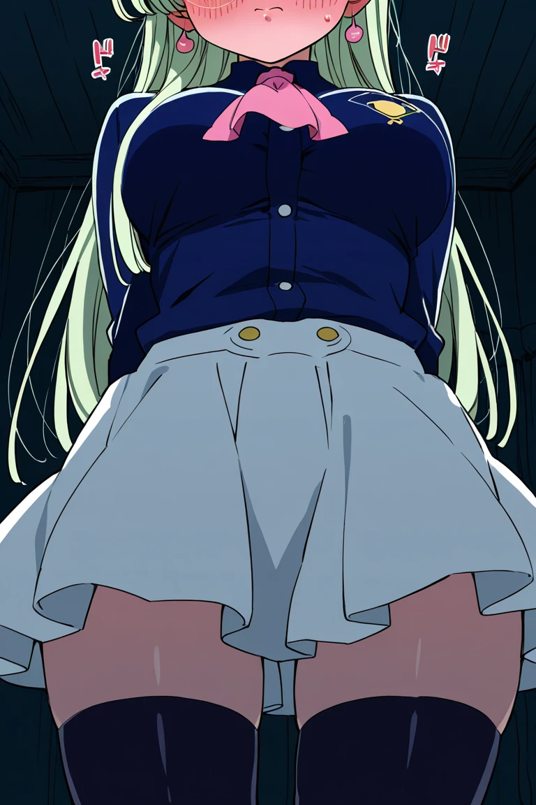 simple line art, a woman, (angle from below), realistic skin, drooping eyes, (open legs, winter clothes, luxury designed panties for adults), (contact her crotch against (the corner of the desk) for masturbation), ecstasy, long hair, (side of old storeroom in the park in the winter), skirt, focus on the panties, 
