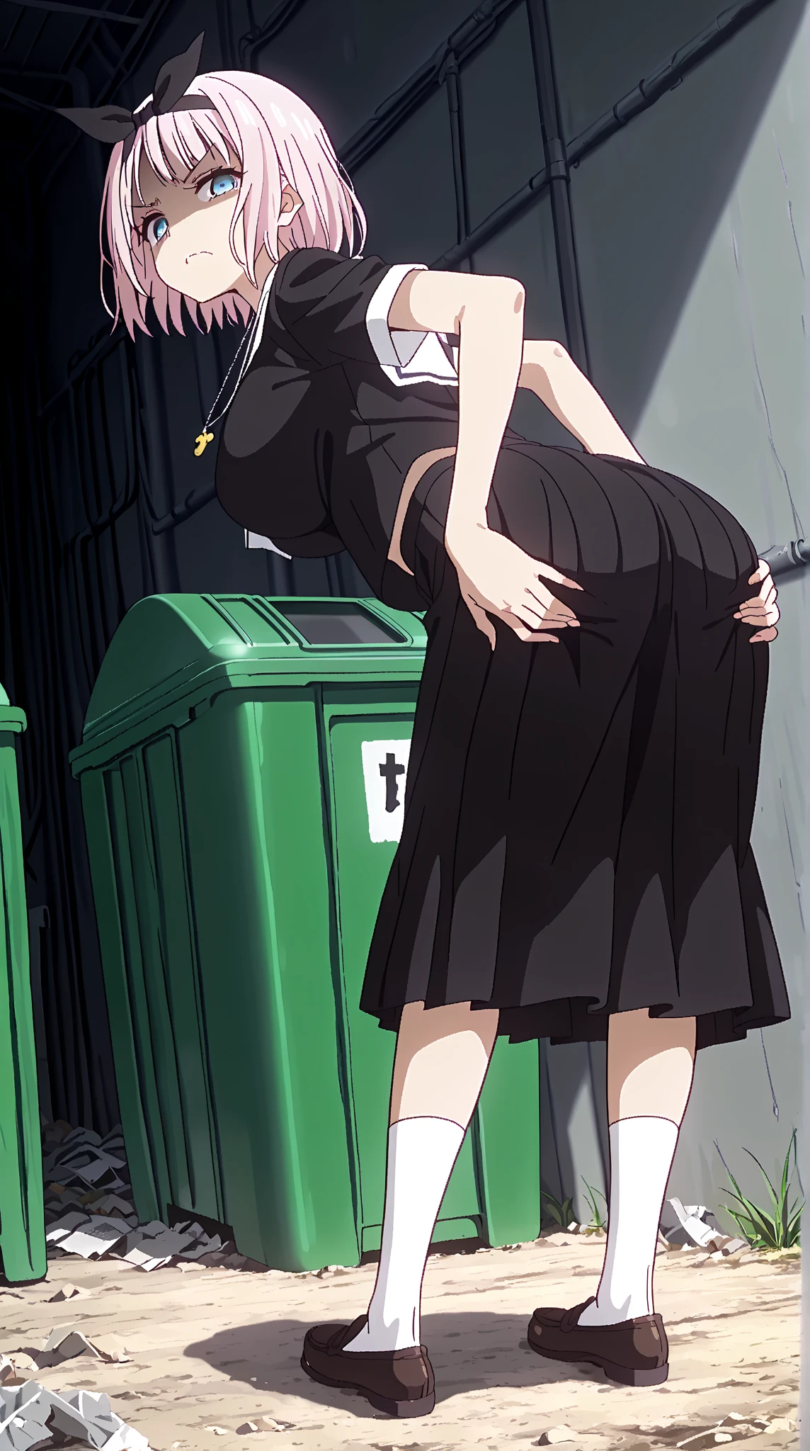 masterpiece、 Very detailed、perfection、alone、 Beautiful girl with brown skin、Chubby:1.2、walk、Composition from behind、Composition looking up from below、high school student、mini skirt、loose socks:1.2、loafers、station、Beautiful background、