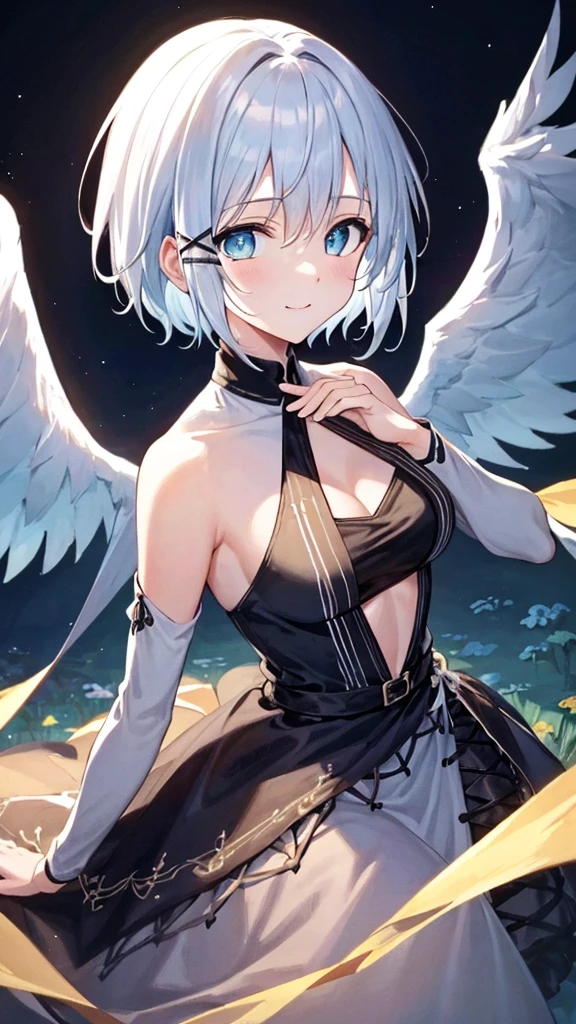 wht1,Absolute area,Open mouth smile,Beautiful background,best quality,masterpiece,Angel Girl, young,,Blonde with wings, Shoulderless neckline,Holding a staff