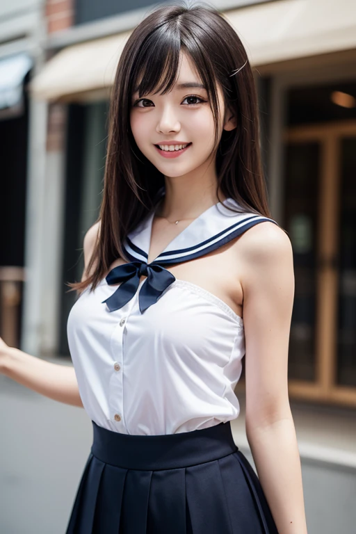 ((highest quality、muste piece、High resolution))、(((Zoom photo of upper body:2.5、high school girl、sailor suit、cute smile:1.5、semen:1.5、wet body:1.5、wet hair:1.5、big breasts、inside the classroom、trimmed bangedium hair)))