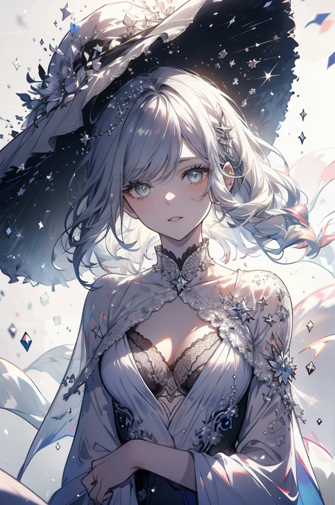 (Landscape photo, with a woman in the bottom right of photo:1.5, in white garden:1.5), Masterpiece, best quality, (very detailed CG unity 8k wallpaper), (best quality), High definition RAW color art, Animation,sculptures, (black Marble Skin), (((Ultra detailed elegant))), Magical atmosphere, Detailed skin, Texture,(Intricately detailed, Fine detail, ultra-detail art), depth of fields, Bokeh, Silky Touch, Hyper Detail, beautiful eyes, elegant face, (upper body focus), sparkle background, enormous breast:1.3, (silver hair), pure white, pose, muscle, embarrassing face, rose,  ドラマチックな光, profile