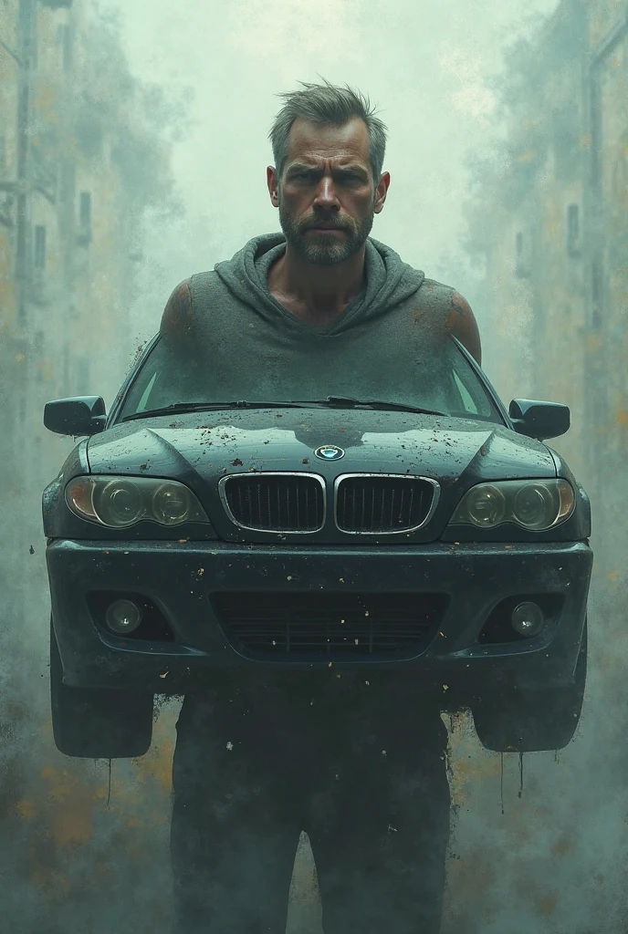 Im Stil von Pixar 3D-Animation filmen. A hunched man with a nasty face , short blonde hair and a dirty white undershirt is tinkering with a dented silver BMW E46 Compact in a dark and dirty garage.
