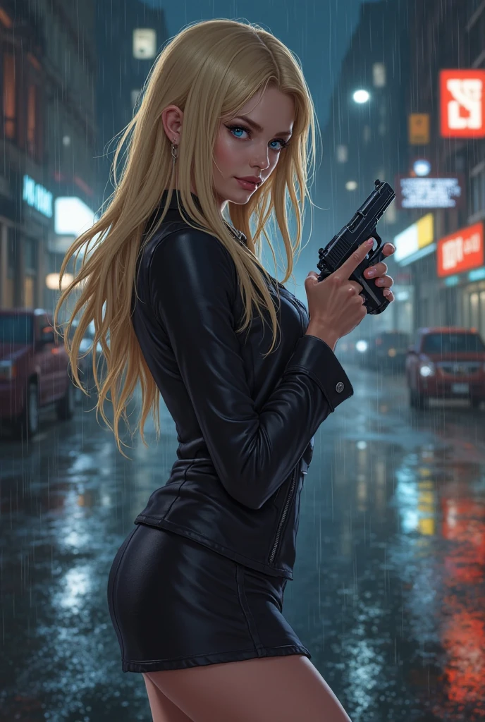 cyberpunk-style city with a nocturnal vibe with Matrix-like aesthetic references, glowing huge clock tower as time machine, green glowing cascading code. At night, (1girl, solo, alone), photorealistic, medium-breast slim:0.6 body, oval:0.5 face, cleavage:1.1, sexy black laced bra, miniskirt, white laced panty, coat, (black micro sunglasses), (holding a short gun), (slightly leaning forward running pose), ((half-body thigh level medium shot)), cinematic lighting, ray tracing, motion blurred background.