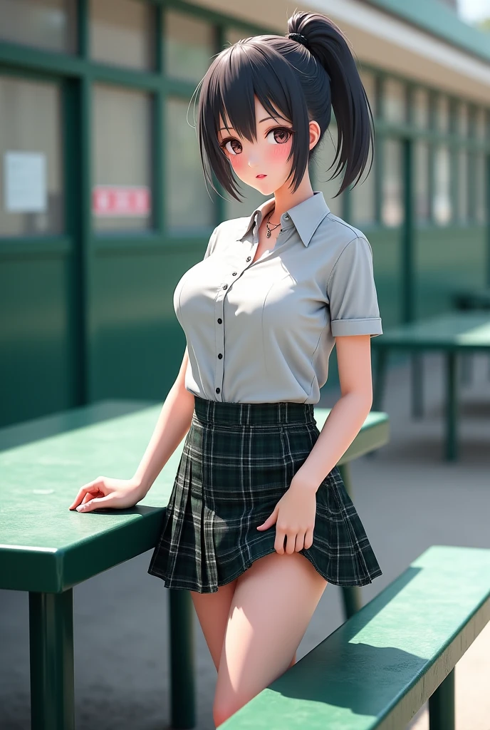 (ultra realistic,32k,RAW photo:1.1),(high detailed skin:1.1), 8k uhd, dslr, high quality, film grain, (makeup, mascara:1.1), lips,(thick\lips\), 
(shiny glossy translucent clothing:1.1), <lora:LoRA_Iwato_Suzume:0.7>brown eyes, black hair, long hair, shirt, white shirt, ponytail, short sleeves, school uniform, bangs, collared shirt, ribbon, skirt, neck ribbon, pleated skirt, red ribbon, hairclip, green skirt, <lora:add_detail:0.85>, huge breast, (upper body:1.1)
Kneeling with hands on hips, 
 (busty:1.1) ,  (chubby:0.1),(bioluminiscent:1.2),<lora:LowRA:0.4>, dark theme, A land full of slime moss stagnant water and insects