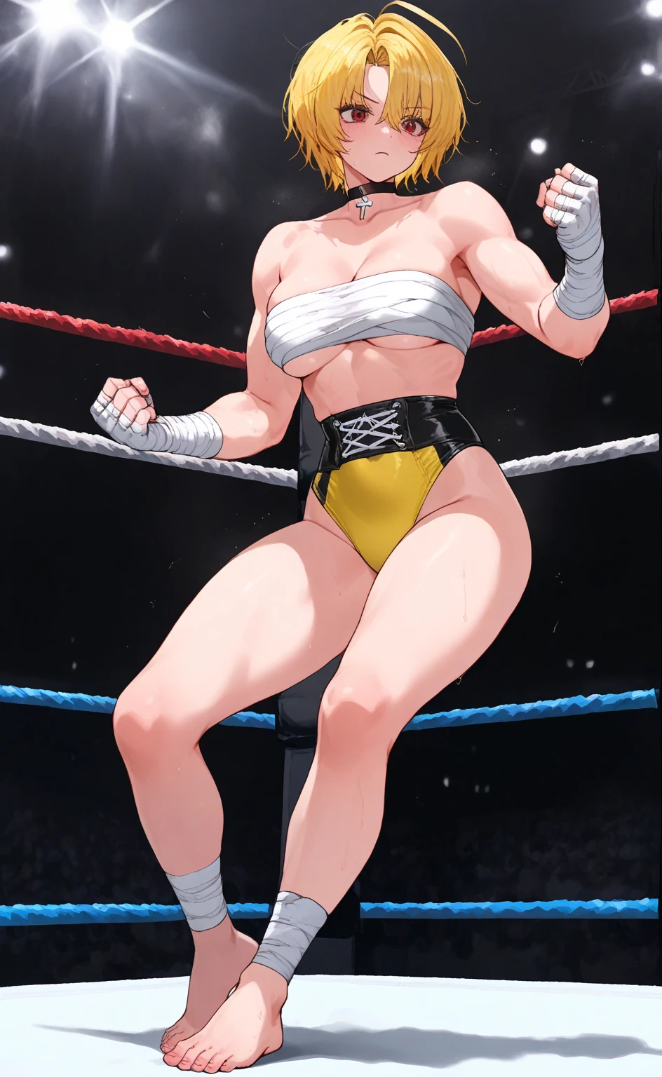 ((masterpiece)), ((high quality)), ((super detailed)), ((high resolution)) ,((8k)), a beautiful woman, ((She is one of the most famous female Gravure actress in the world.)), unparalleled beauty, ((huge breast)), ((large ass)), ((deep cleavage)), slim waist, chest out, ultra detailed face, perfect skin, (((Half-up hairstyle, Blonde straight hair))), blue eyes, detailed eyes, whole body image, (((anime))), ((glamorous)), 21 years old, ((incredibly beautiful woman)), ((The I cup bust)), ((((Black and Gold color sling bikini ring wear)))), ((beautiful breasts)), beautiful legs, 8 life size, anime, the most beautiful and strongest, ((charm)), ((Half Japanese and half British)), ((Grown-up face)), ((Open Finger Glove, Five fingers)), (((Women's mixed martial arts, A fighting arena))), ((Bewitching)), ((A young heroine of the women's professional wrestling world)), ((((from below)))),