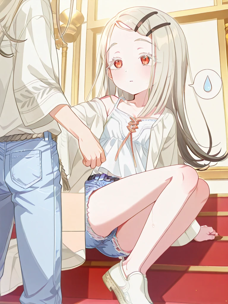 Hiro Default,shinosawa hiro,thin,Orange eyes,White eyelashes,Blonde,Long Hair,Hair Clip、blush、The whole body is visible、Pregnant women:0.3、Handjob、Slim:1.5、White camisole dress