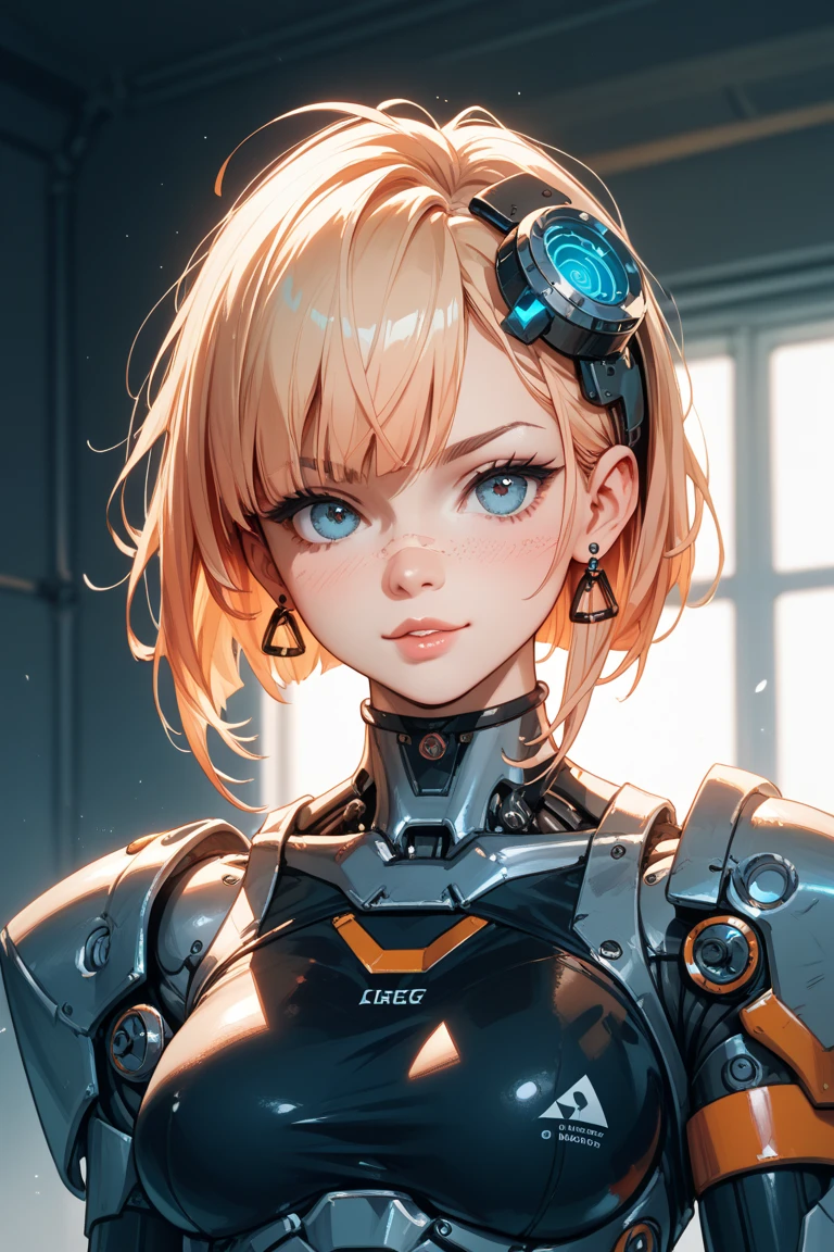 medium shot photo of sexy female cyborg wearing scratched and tarnished futuristic armor in a destroyed futuristic city, fantasy, sci-fi, beautiful feminine face, seductive, sexual, mist, vivid alluring eyes, dramatic, best quality masterpiece, photorealistic, detailed, 8k, HDR, shallow depth of field, cinematic lighting, bloom, light sparkles, chromatic aberration, sharp focus