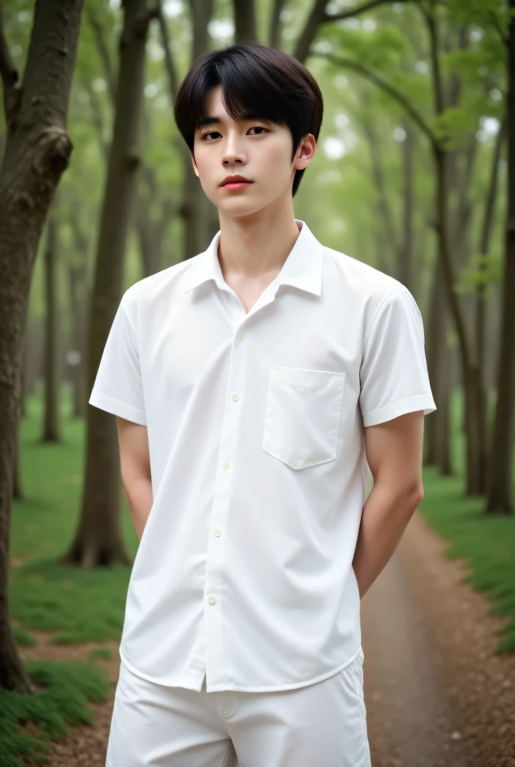 real photos, ung asian male, with a handsome face, Lean Body, and tall ,Male random pose in Forest, wearing a white short-sleeved shirt (Front button closure)(untucked shirt) and white shorts, sneakers., Slender face , ผมสีดำ, Stylish comma hair