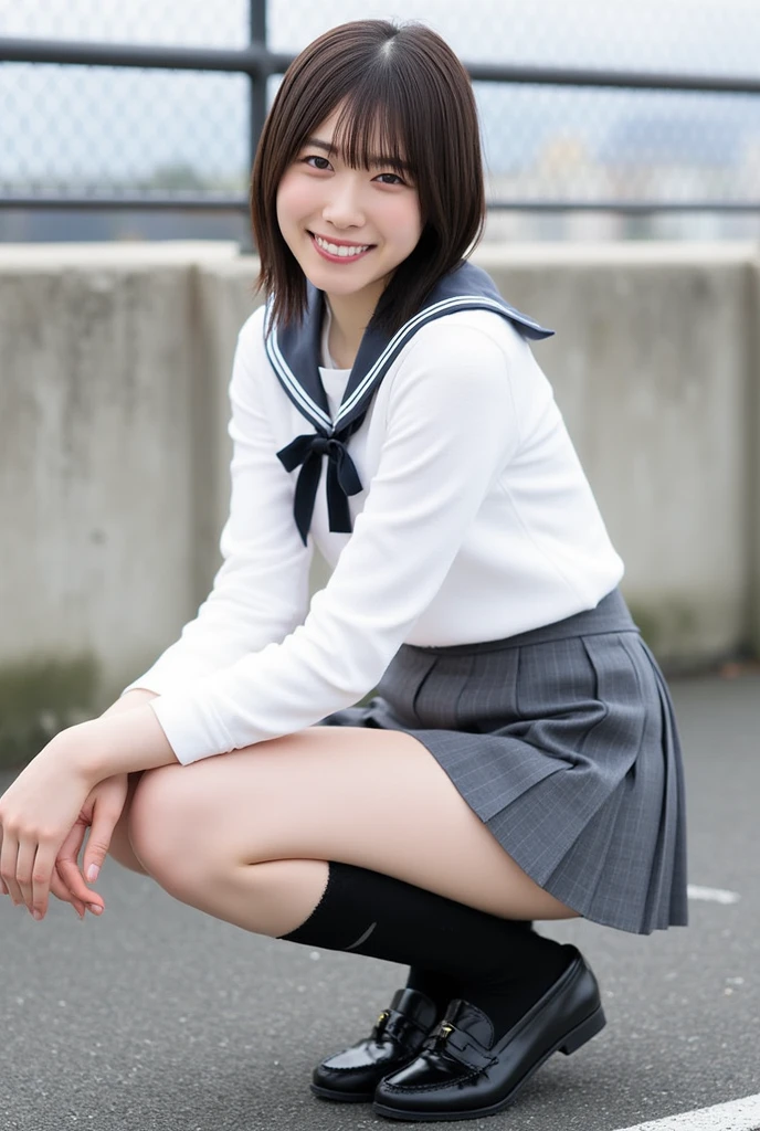 (realistic, photo realistic:1.2), ((best quality)), Move your center of gravity back, pretty embarrassing, white panties, (show panties:1.4),tight skirts, (upskirt:1.3), (pull up skirt:1.3), (squating:1.4), heels on the ground on, slightly spread legs, crouch with knees up, put butt on the ground, black penny loafer, beautiful faces detailed, real human skin, gentle expressions, Front view, angle from below, realistic, photorealistic, cute, short skirt, squating deep on school grounds, cute school girl, Japanese highschoolgirl uniform, sailor uniform, whole body,happy smile, natural smile, fascinating smile, captivating smile, (looking at viewer:1.2), from front, from below,