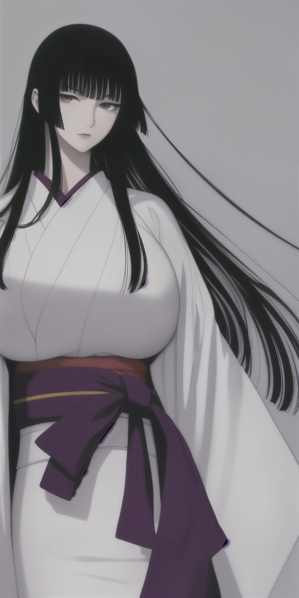 ichihara_yuuko, huge_breasts, standing, solo, white_kimono, masterpiece, best quality, detailed face, detailed eyes, highres,